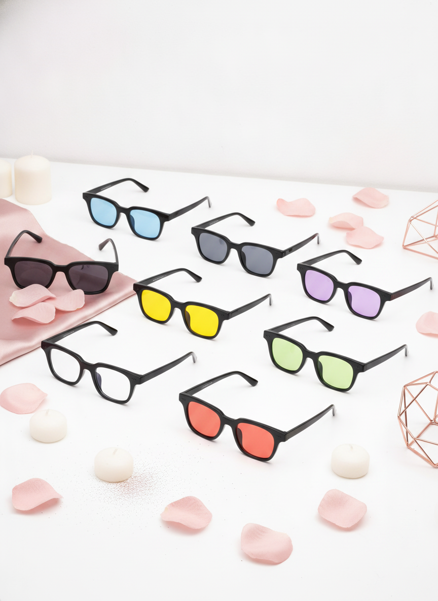 Nine square party sunglasses in various vibrant colors, including pink, yellow, blue, and green, arranged on a white surface.