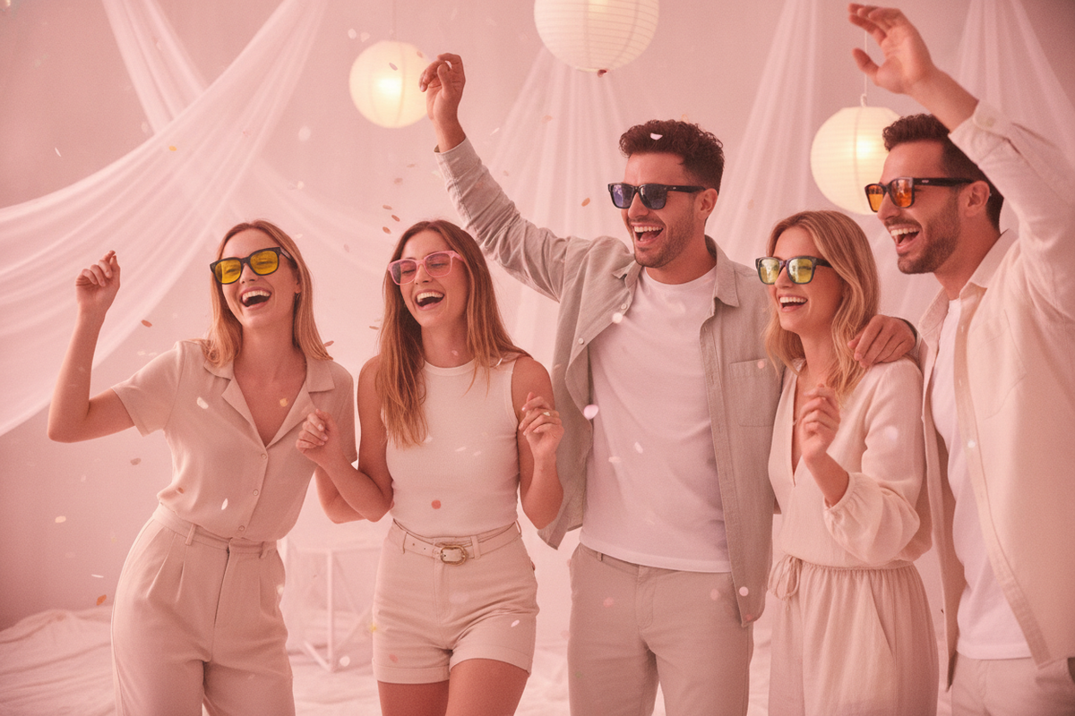 Diverse friends wearing colorful square party sunglasses, smiling and celebrating at an outdoor festival with rose and pink l